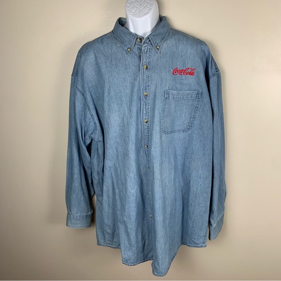 Vintage Coca Cola Denim Shirt Mens XXL Blue Long Sleeve Button Down Embroidered - Picture 1 of 12